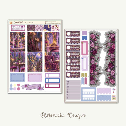 Violet Haunting Gothic Halloween Planner Sticker Kit – Purple Raven and Haunted Mansion | Hobonichi Cousin