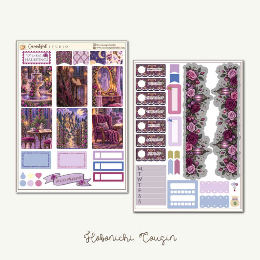 Violet Haunting Gothic Halloween Planner Sticker Kit – Purple Raven and Haunted Mansion | Hobonichi Cousin
