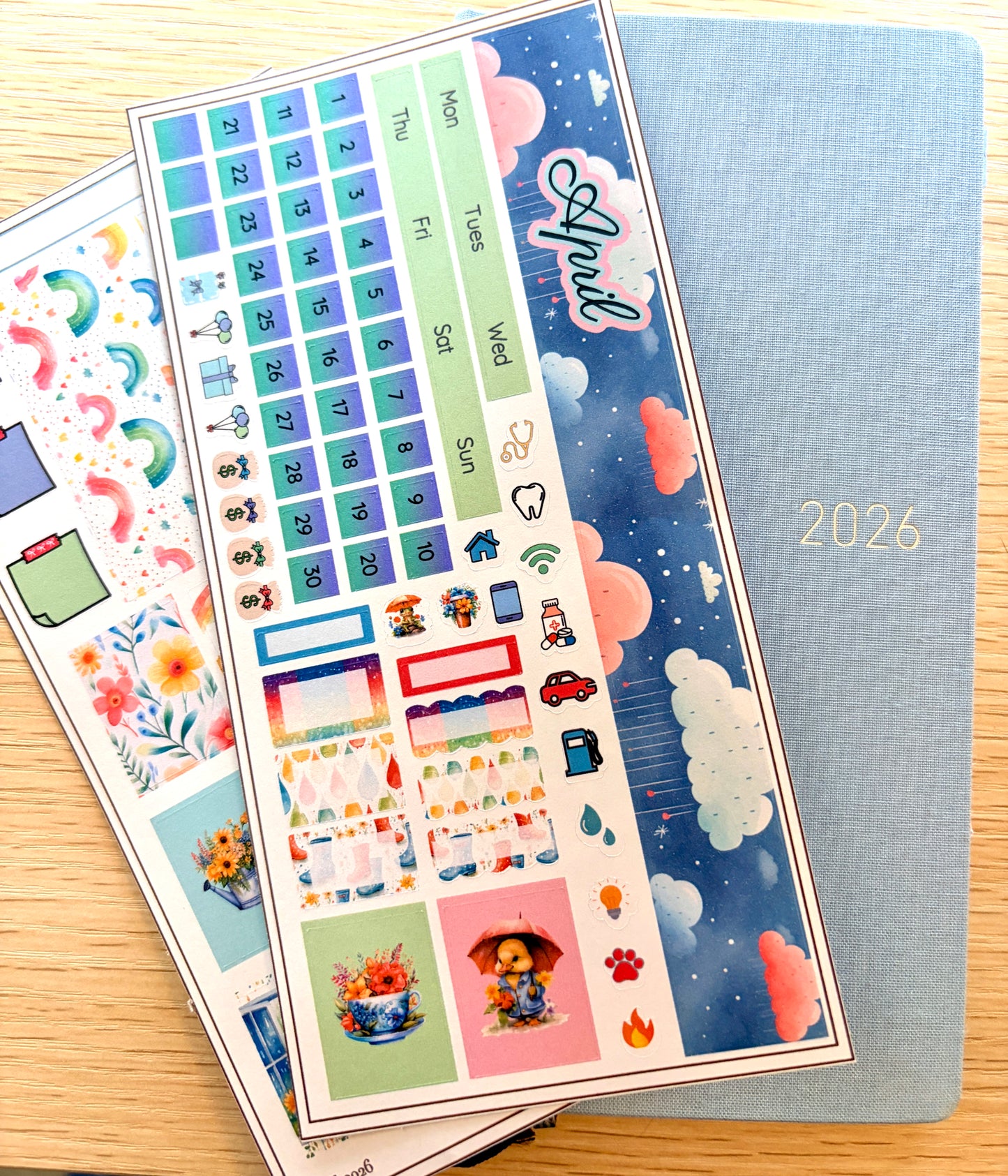 April Monthly Overview Sticker Kit | Spring Rainbows Planner Stickers | Cloud & Rain Weekly Header Kit | EC Vertical Monthly Kit | April Planner Stickers