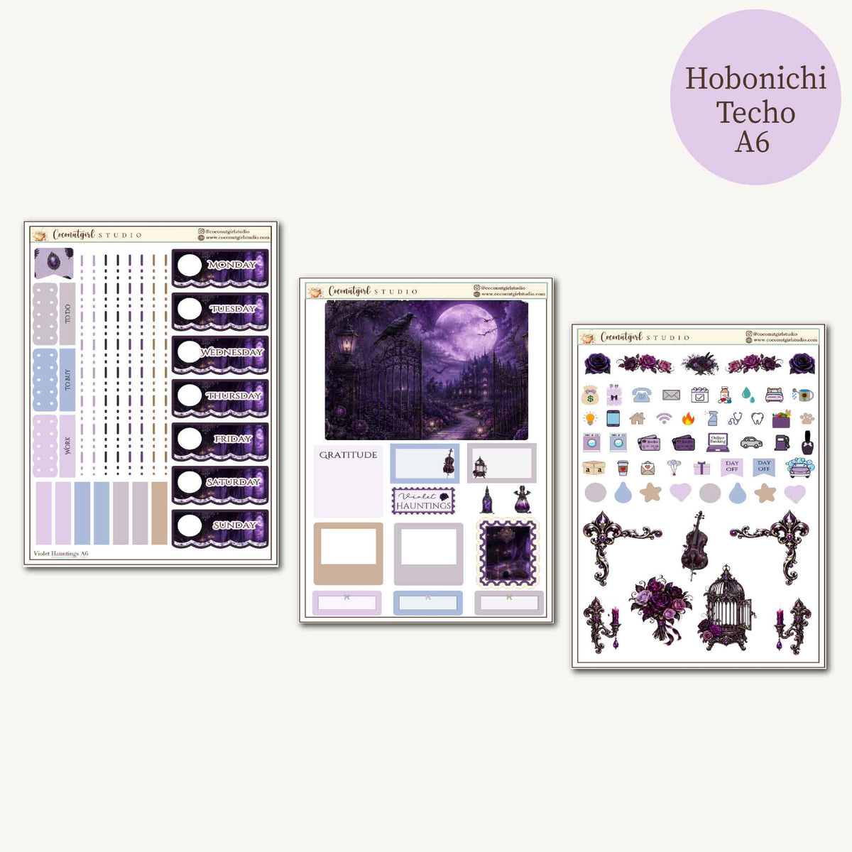 Violet Haunting Gothic Halloween Planner Sticker Kit – Purple Raven and Haunted Mansion | Hobonichi A6