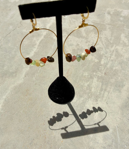 Brass Hoop Earrings – Autumn Gemstone Beads – Handmade