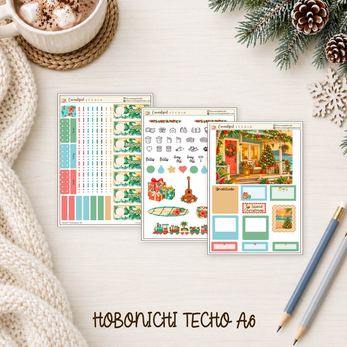 Island Christmas Planner Sticker Kit | Tropical Holiday Stickers | Hobonichi Techo A6