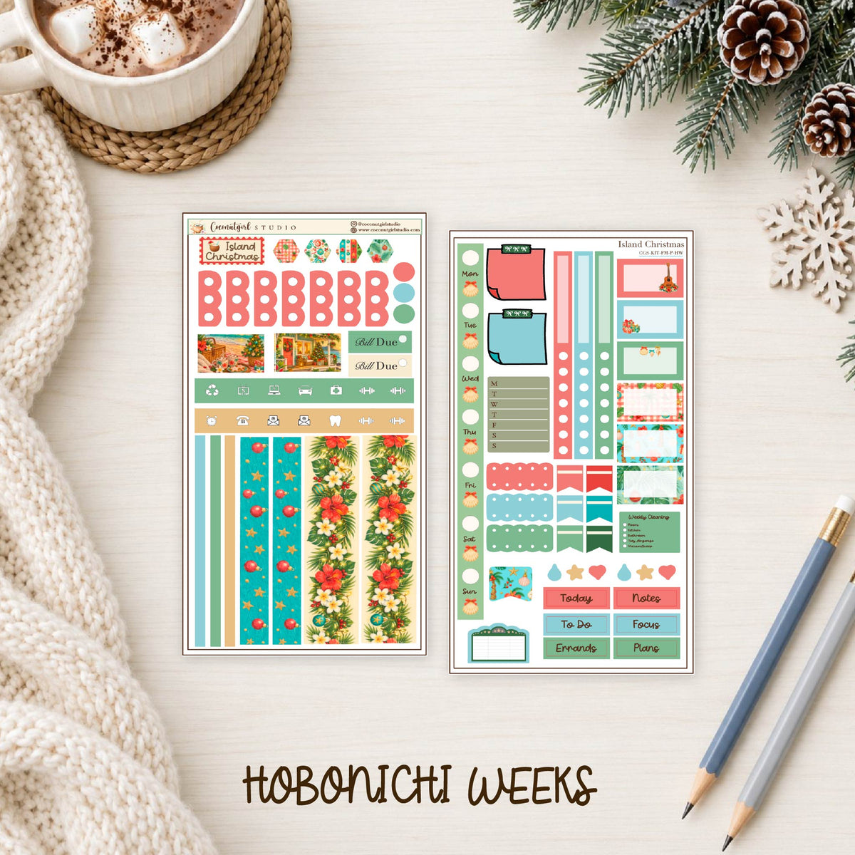 Island Christmas Planner Sticker Kit | Tropical Holiday Stickers | Mele Kalikimaka