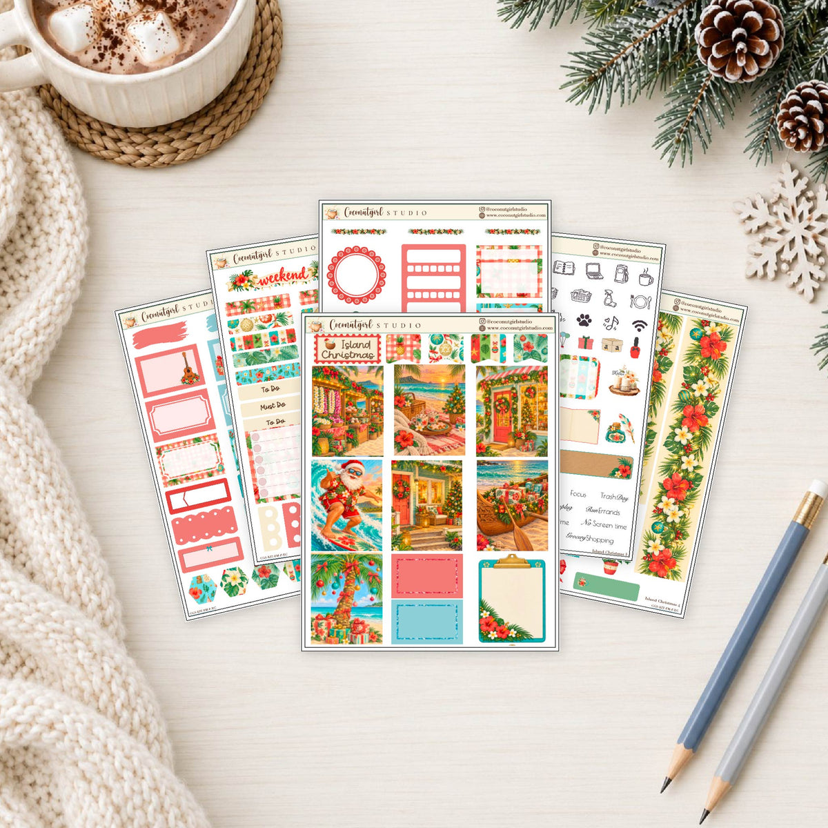 Island Christmas Planner Sticker Kit | Tropical Holiday Stickers | Mele Kalikimaka