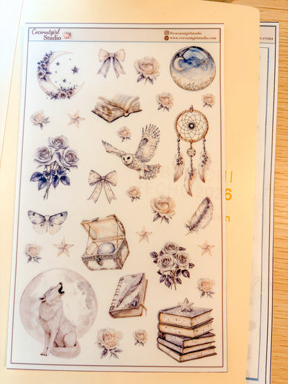 Neutral Aesthetic Clear Sticker Sheet – Celestial, Books & Floral Planner Stickers Starlit Serenade