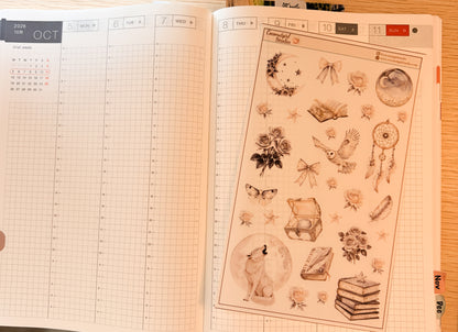 Neutral Aesthetic Clear Sticker Sheet – Celestial, Books & Floral Planner Stickers Starlit Serenade