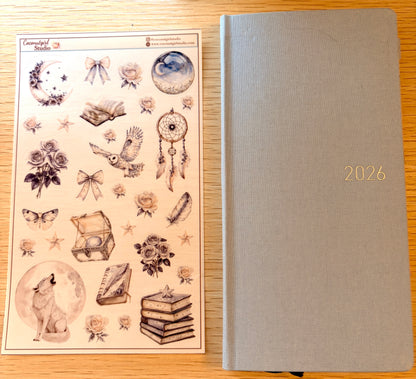 Neutral Aesthetic Clear Sticker Sheet – Celestial, Books & Floral Planner Stickers Starlit Serenade