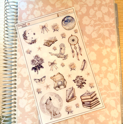Neutral Aesthetic Clear Sticker Sheet – Celestial, Books & Floral Planner Stickers Starlit Serenade