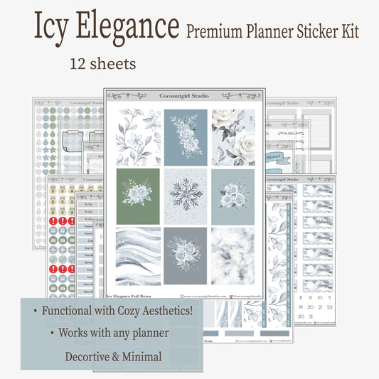 Icy Elegance | 12-Sheet Premium Winter Planner Sticker Kit