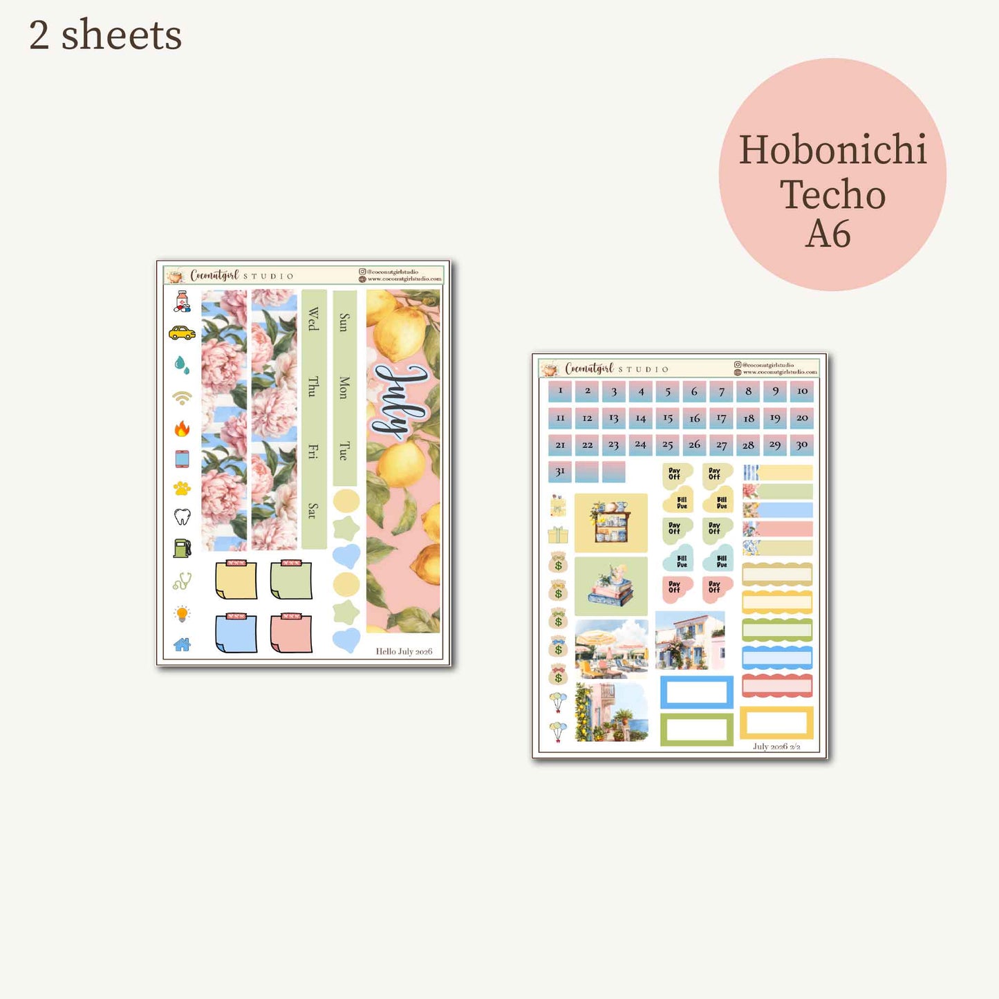 July 2026 Monthly Overview Kit |  Summer Lemon Planner Stickers