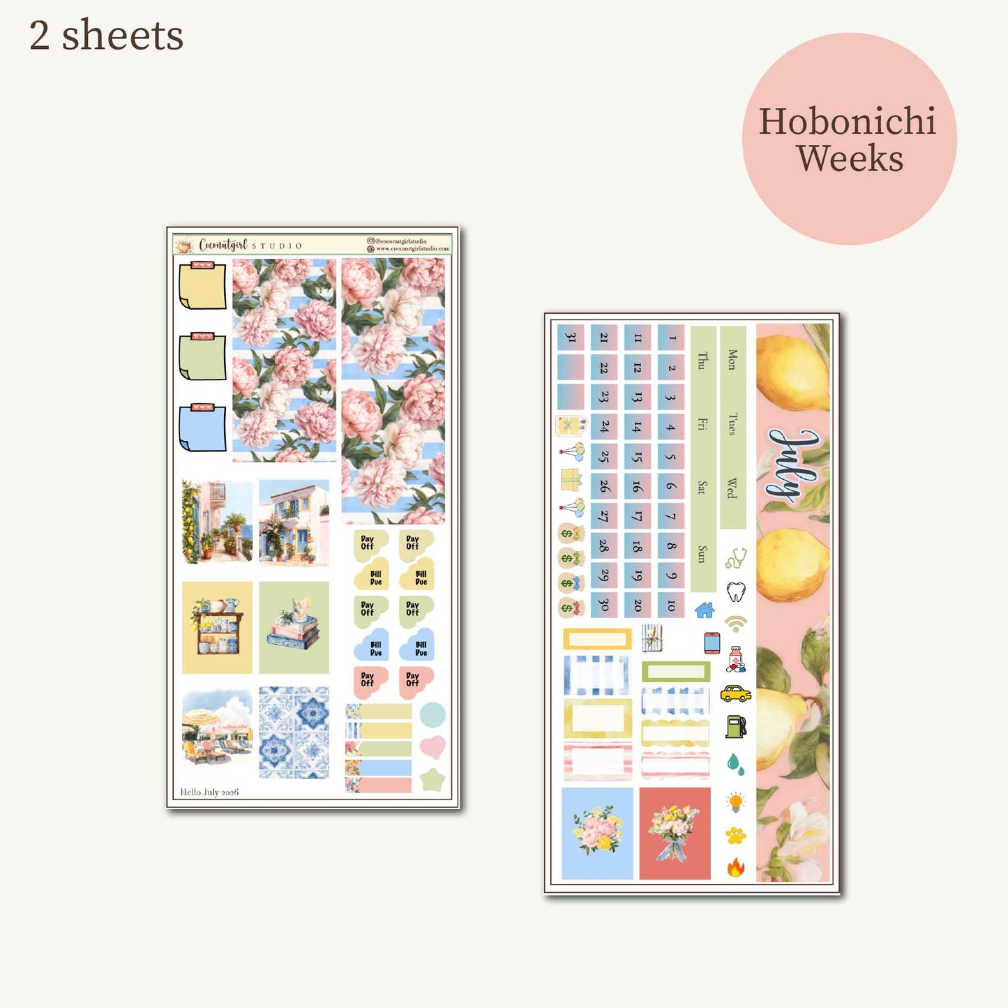 July 2026 Monthly Overview Kit |  Summer Lemon Planner Stickers
