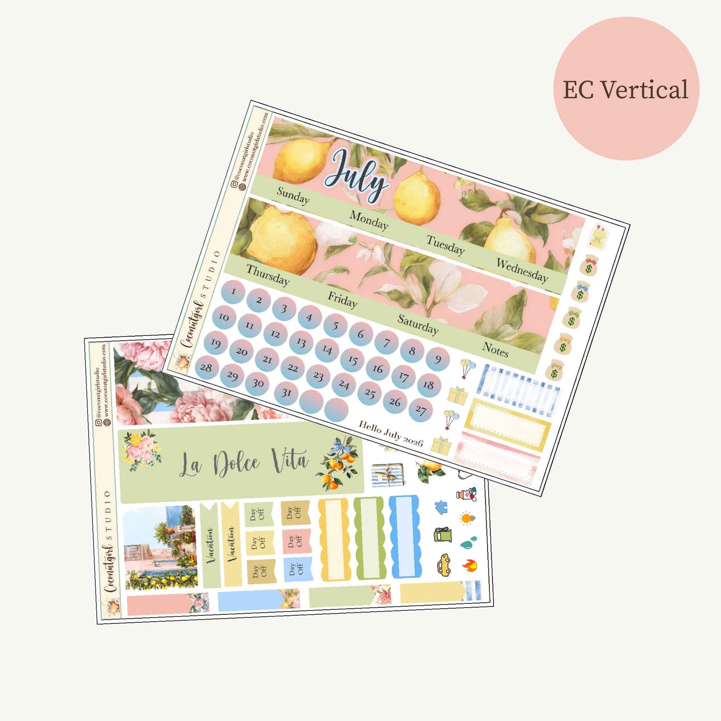 July 2026 Monthly Overview Kit |  Summer Lemon Planner Stickers