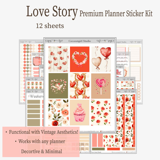 Love Story Weekly Planner Sticker Kit | Romantic & Valentine’s Day Theme