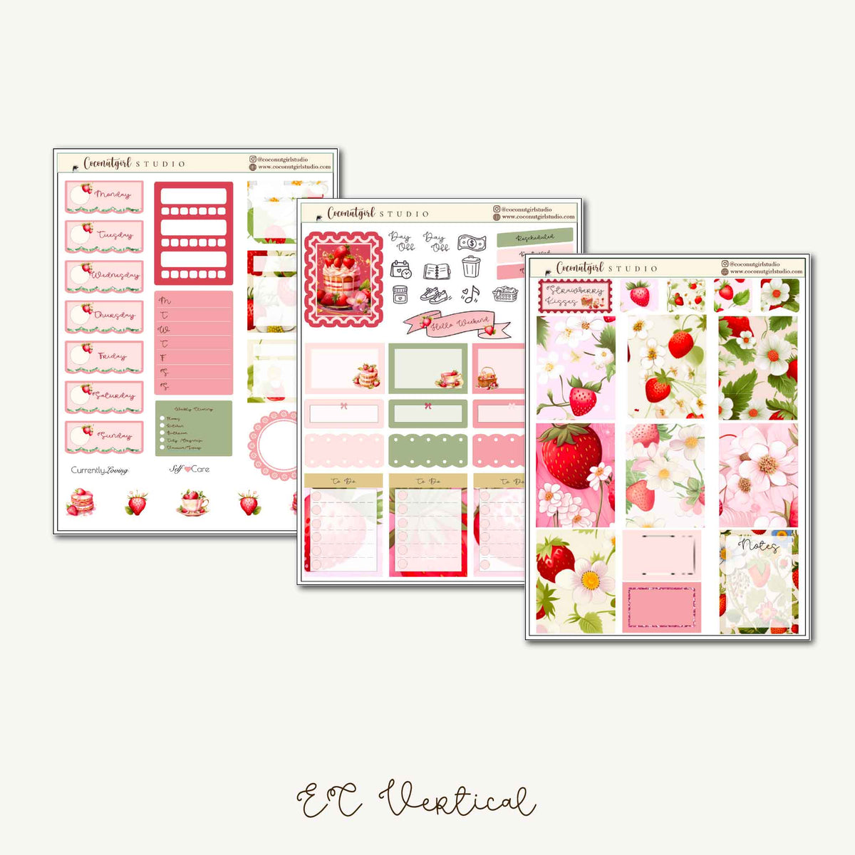 Strawberry Kisses Planner Sticker Kit | EC & Hobonichi