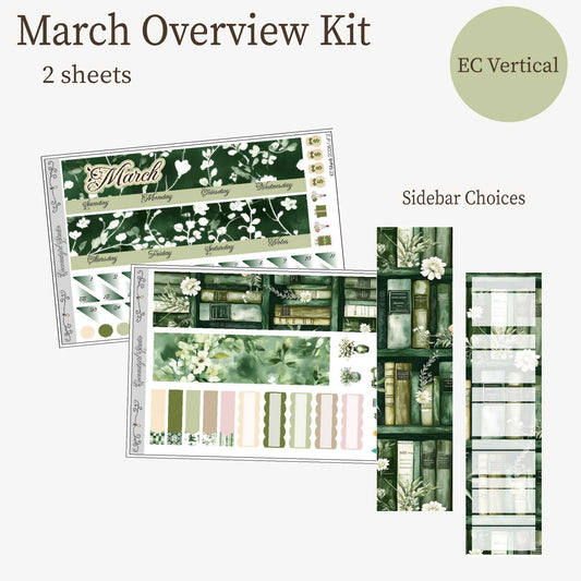 Dark Academia March Monthly Overview Planner Kit | Deep Green Botanical Library Theme | Monthly Spread