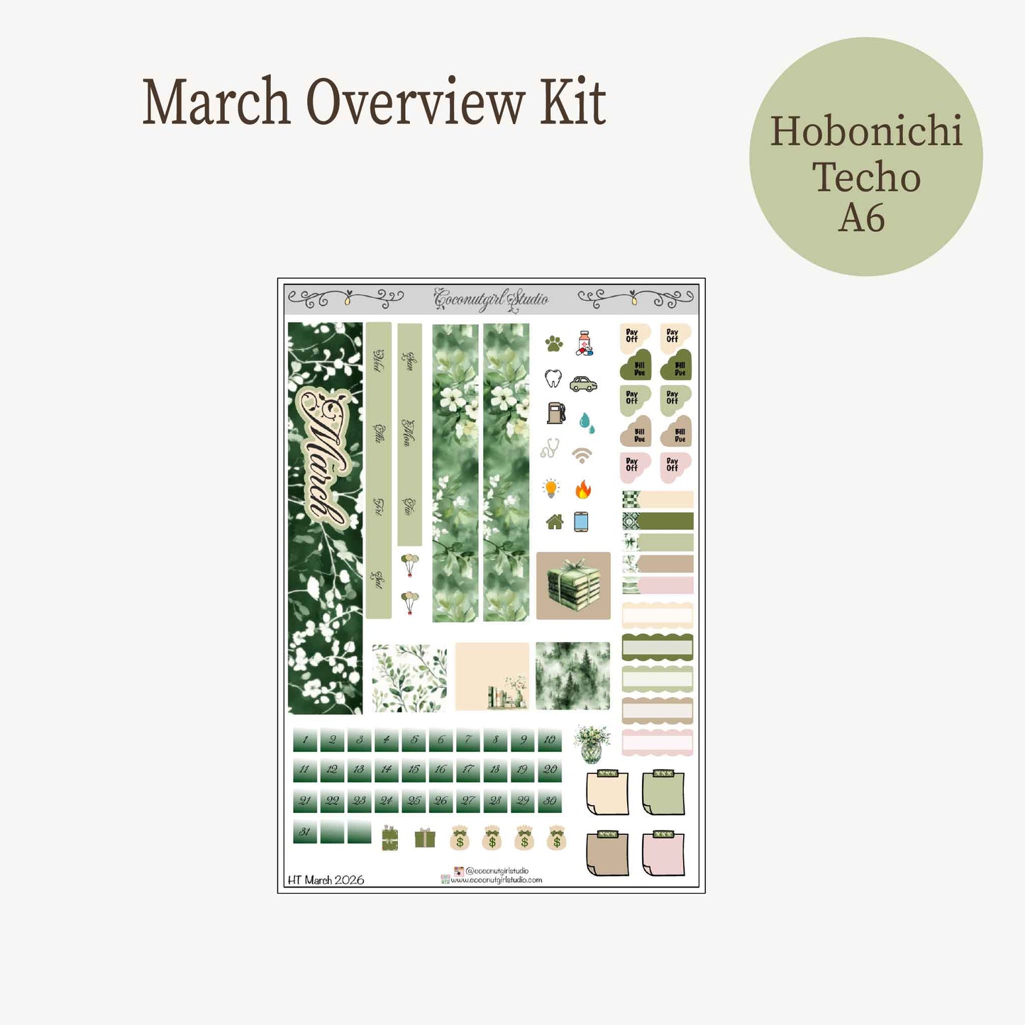 Dark Academia March Monthly Overview Planner Kit | Deep Green Botanical Library Theme | Monthly Spread
