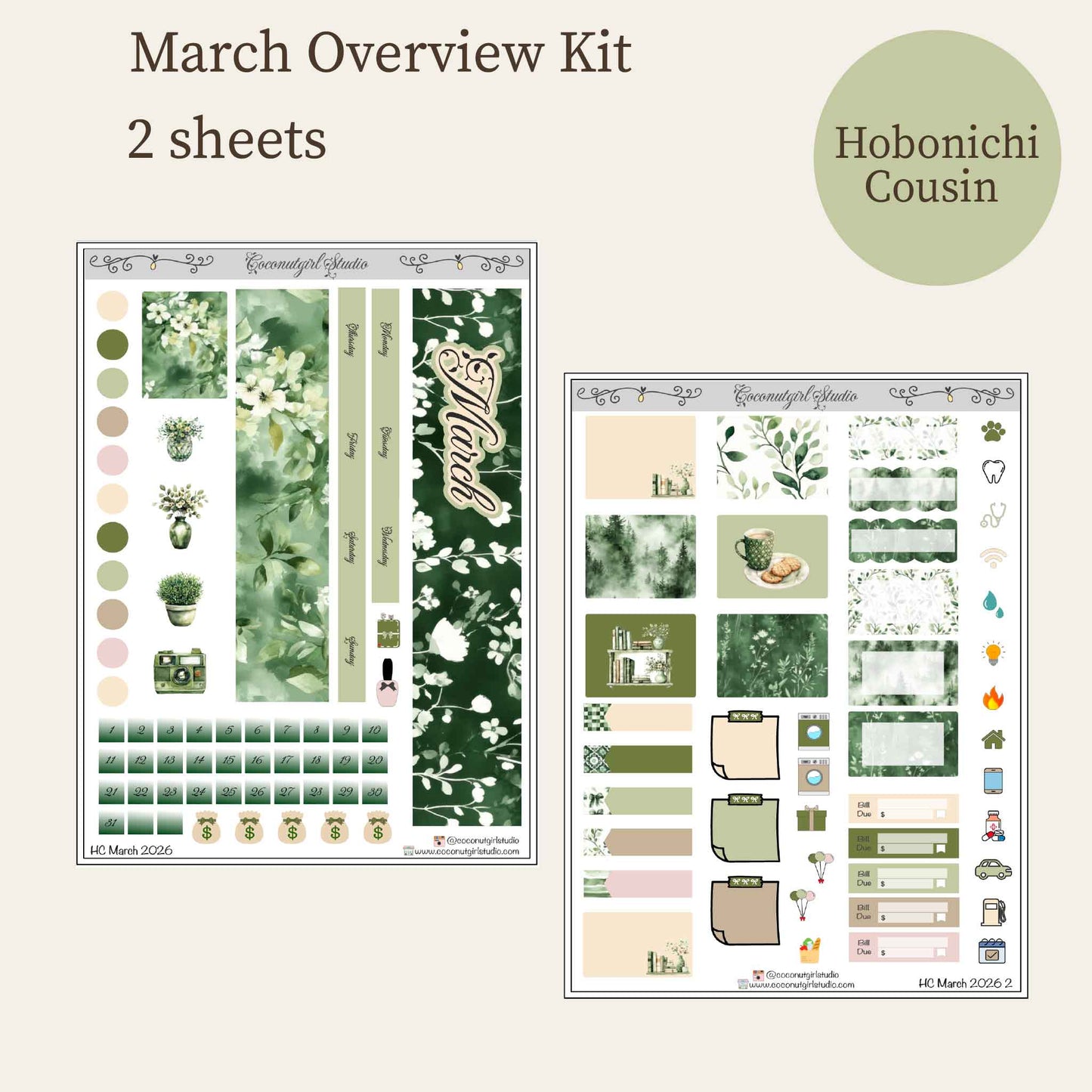 Dark Academia March Monthly Overview Planner Kit | Deep Green Botanical Library Theme | Monthly Spread