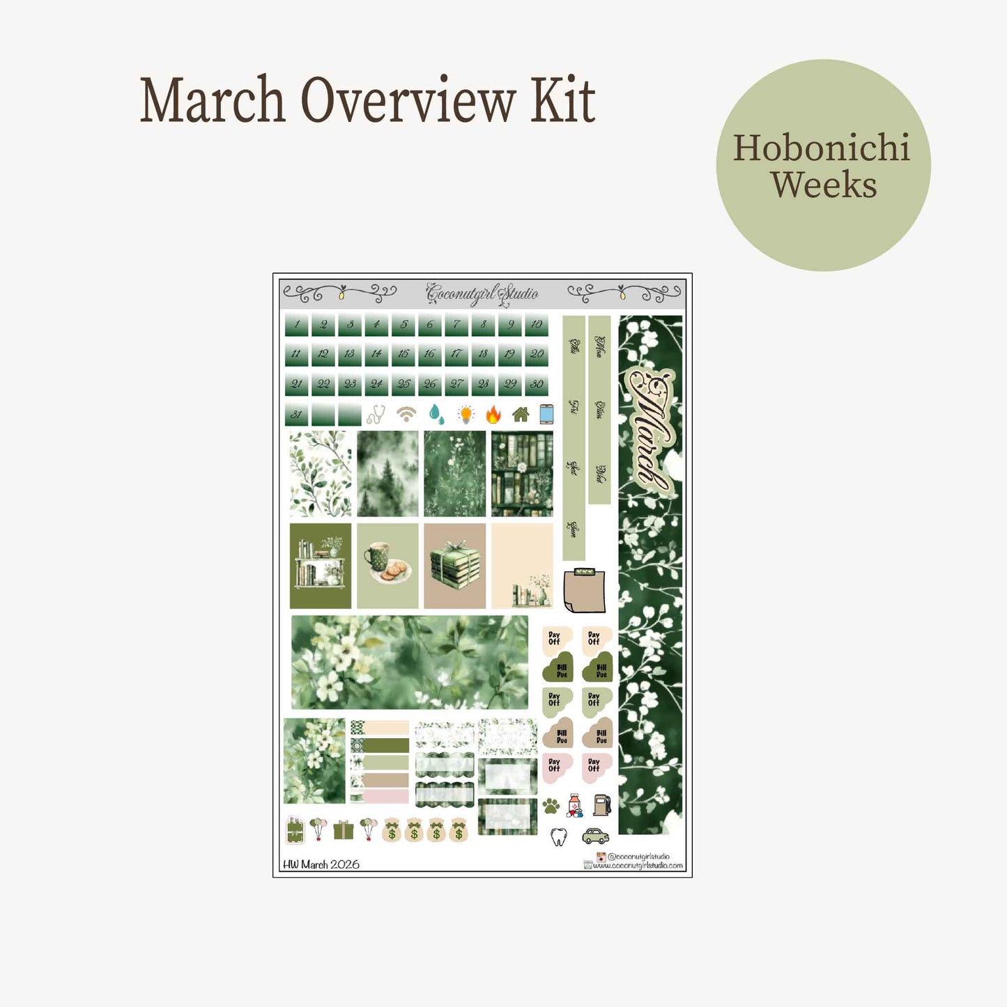 Dark Academia March Monthly Overview Planner Kit | Deep Green Botanical Library Theme | Monthly Spread