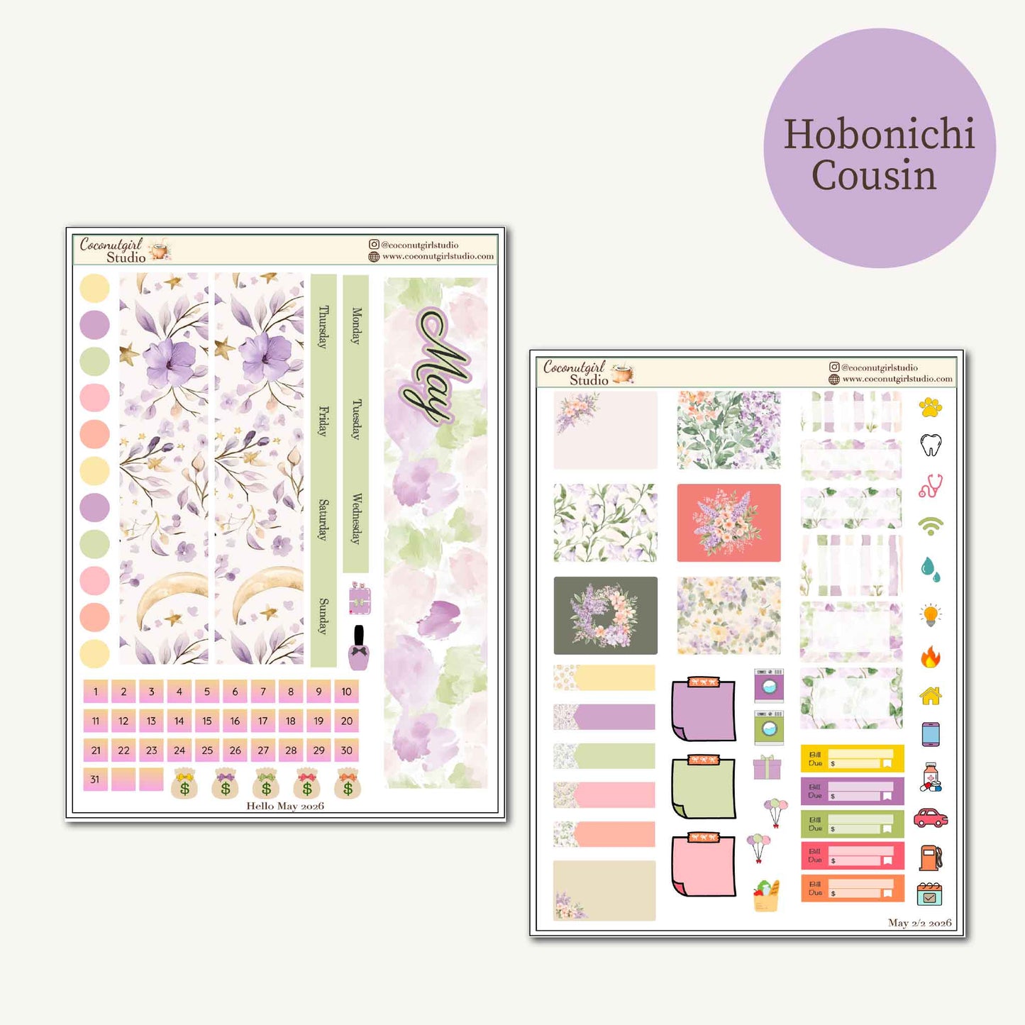 May Monthly Overview Kit | Floral EC Vertical Planner Stickers | Hobonichi Cousin | Hobonichi Weeks | Hobonichi Techo A6
