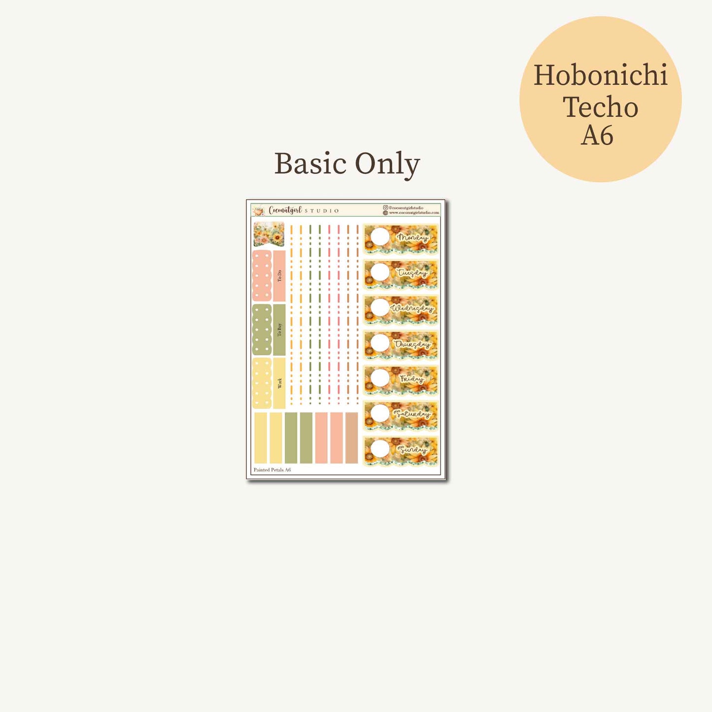 Painted Petals Planner Sticker Kit | Sunflower Weekly Stickers | Hobonichi A6 Techo