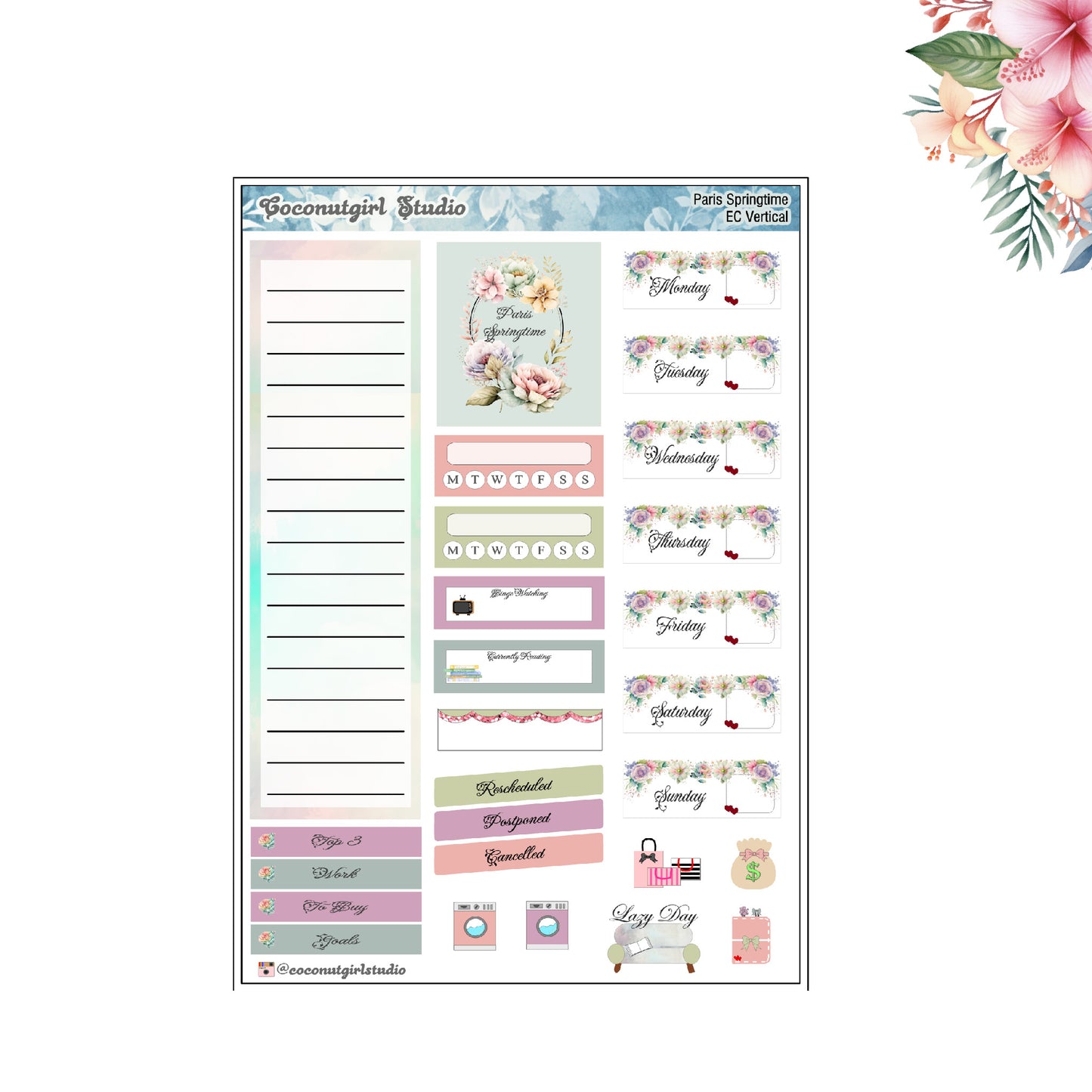 Paris Springtime pastel floral planner stickers