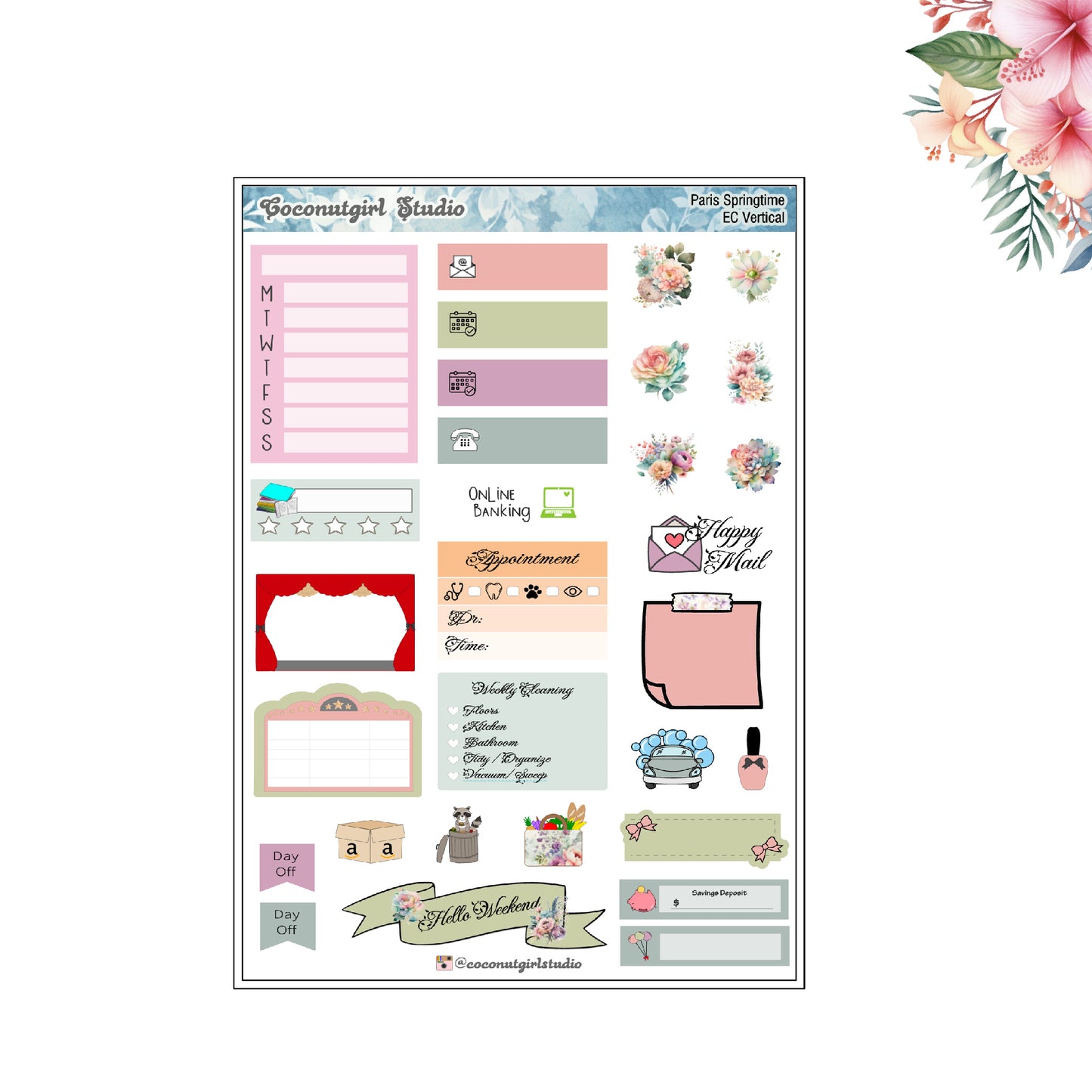 Paris Springtime pastel floral planner stickers