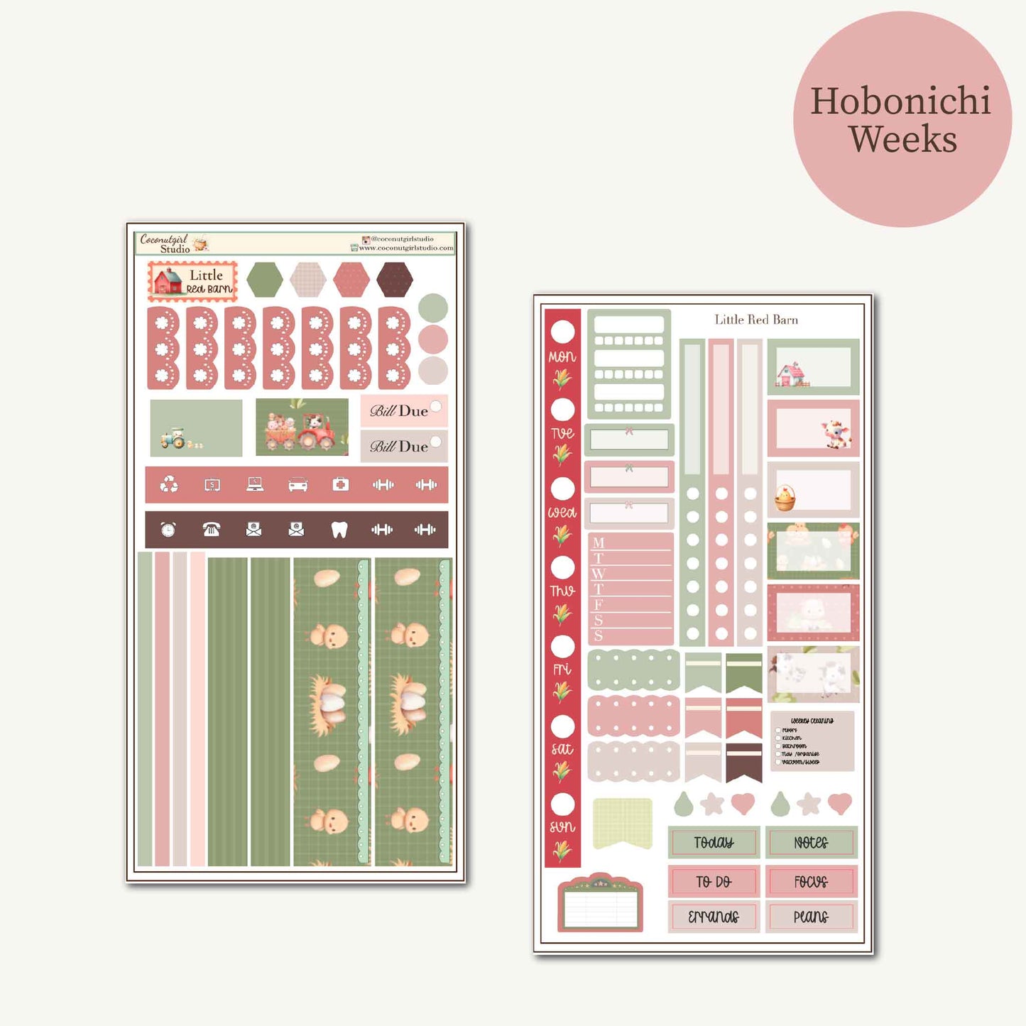 Little Red Barn Planner Sticker Kit | Cute Farm Animal Stickers | Hobonichi Weeks