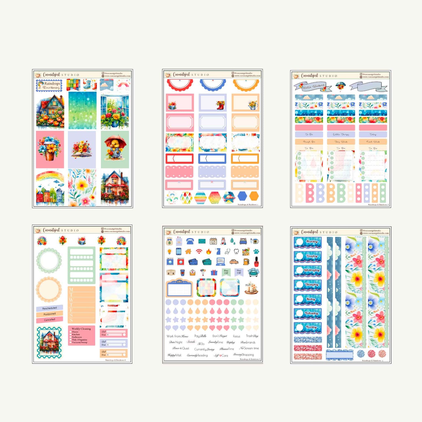 Raindrops & Rainbows Planner Sticker Kit | Watercolor Stickers