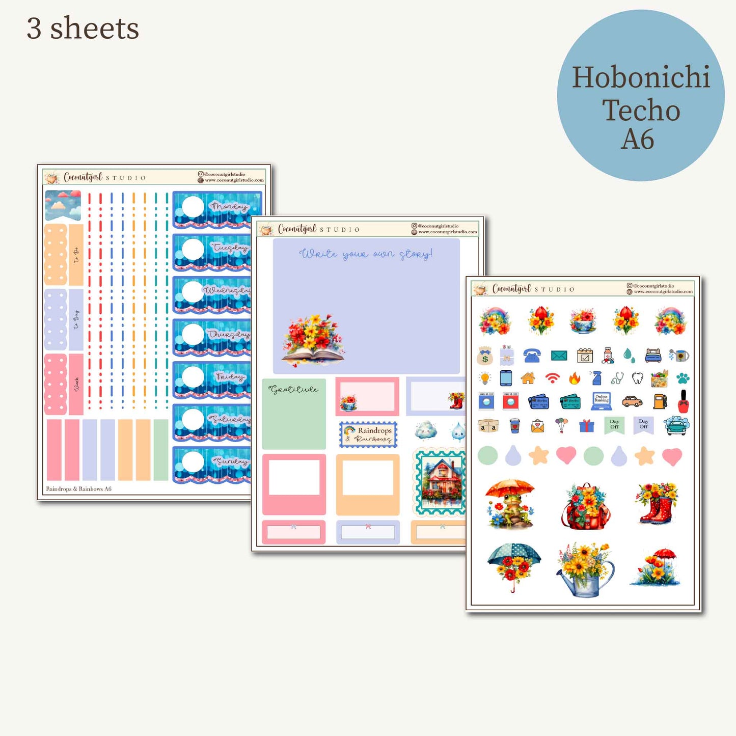 Raindrops & Rainbows Planner Sticker Kit | Watercolor Stickers