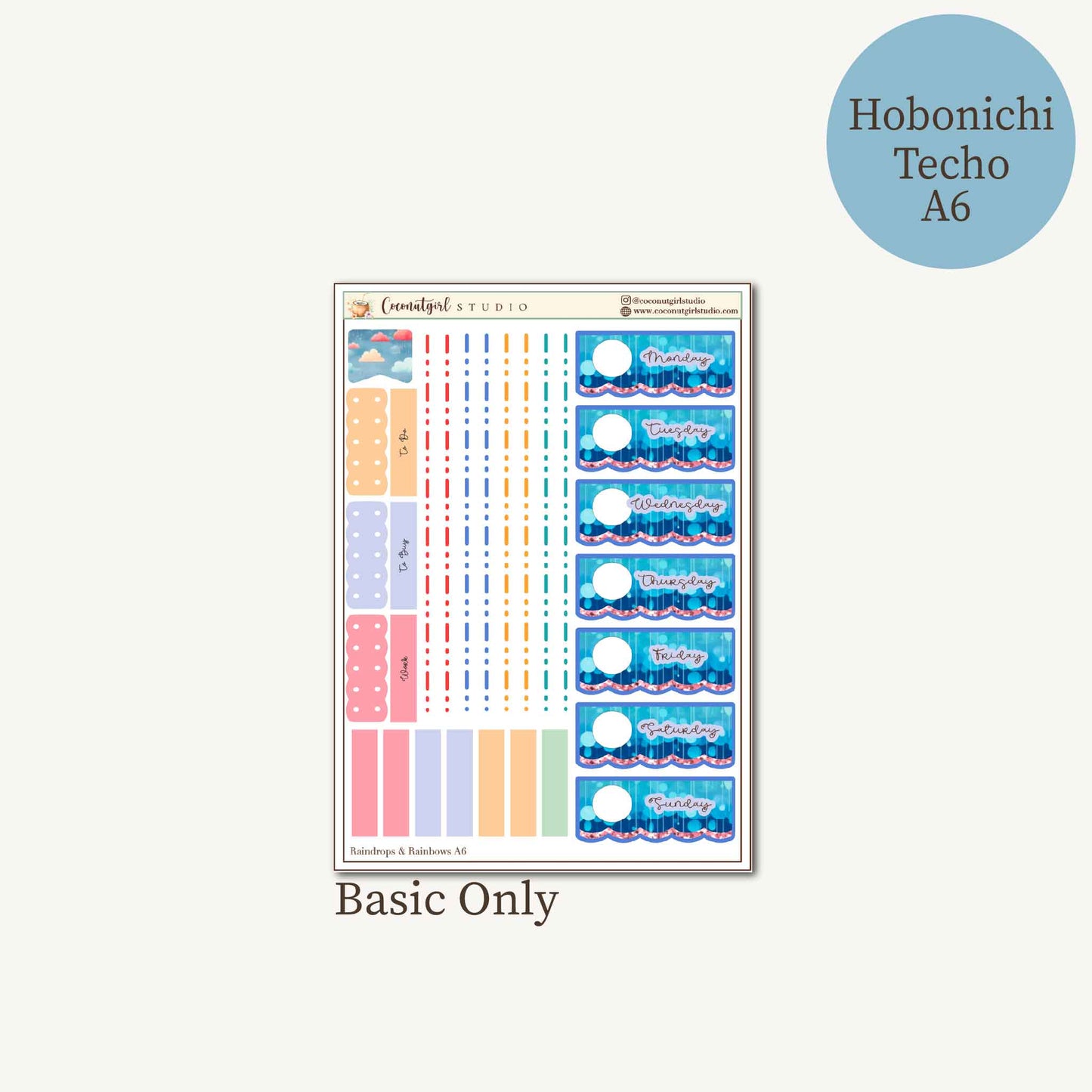 Raindrops & Rainbows Planner Sticker Kit | Watercolor Stickers | Hobonichi Techo A6