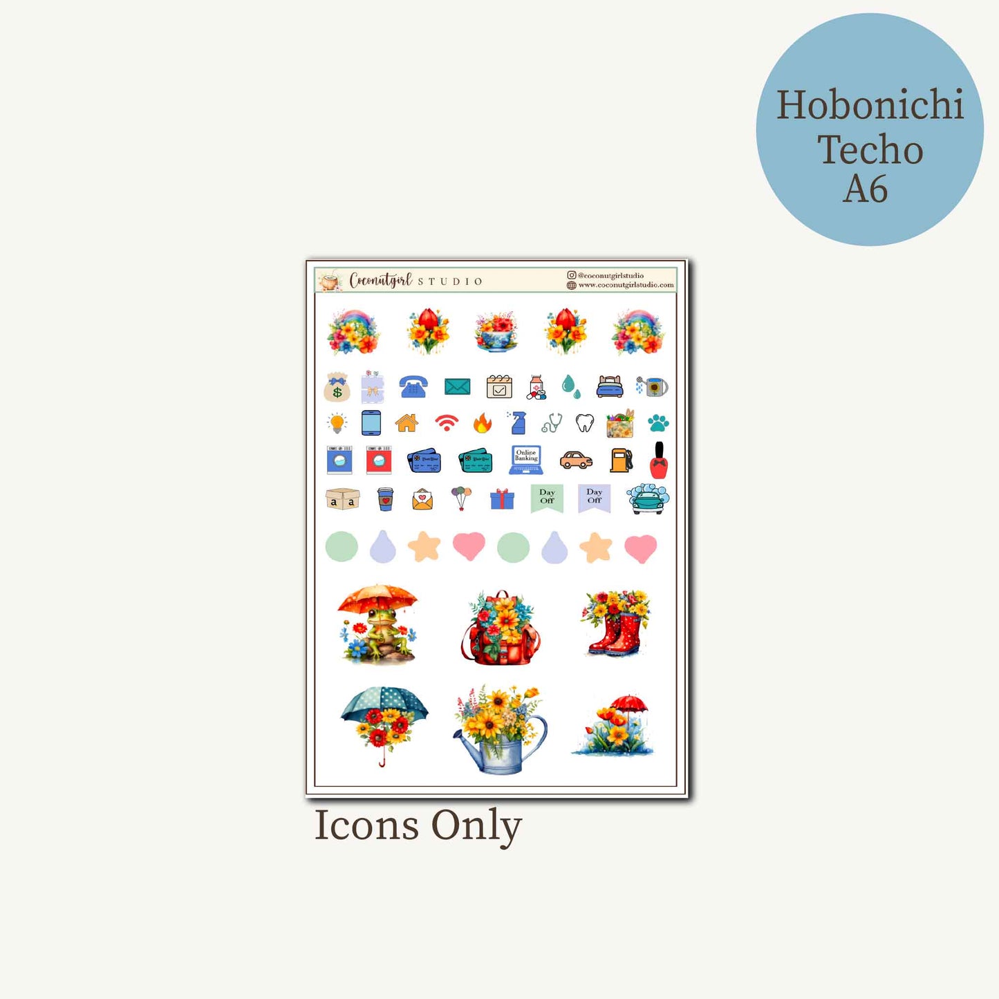 Raindrops & Rainbows Planner Sticker Kit | Watercolor Stickers | Hobonichi Techo A6