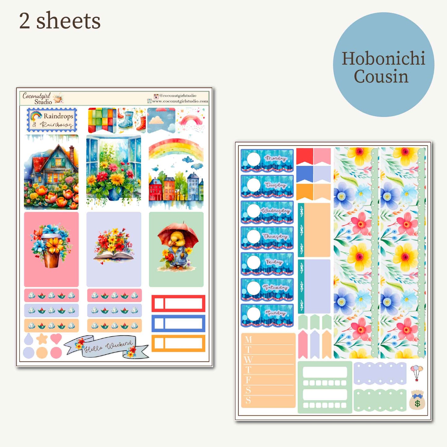 Raindrops & Rainbows Planner Sticker Kit | Watercolor Stickers
