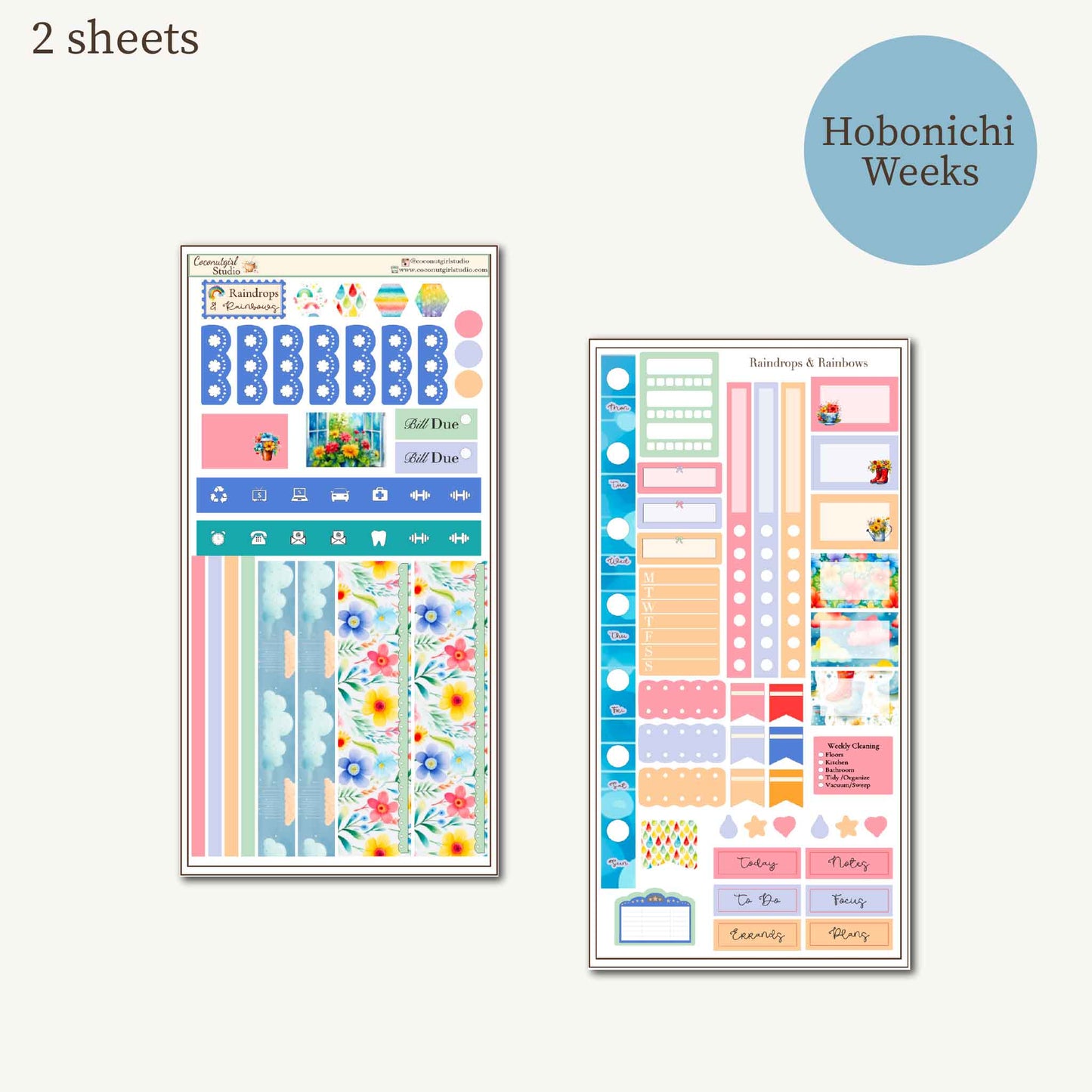 Raindrops & Rainbows Planner Sticker Kit | Watercolor Stickers