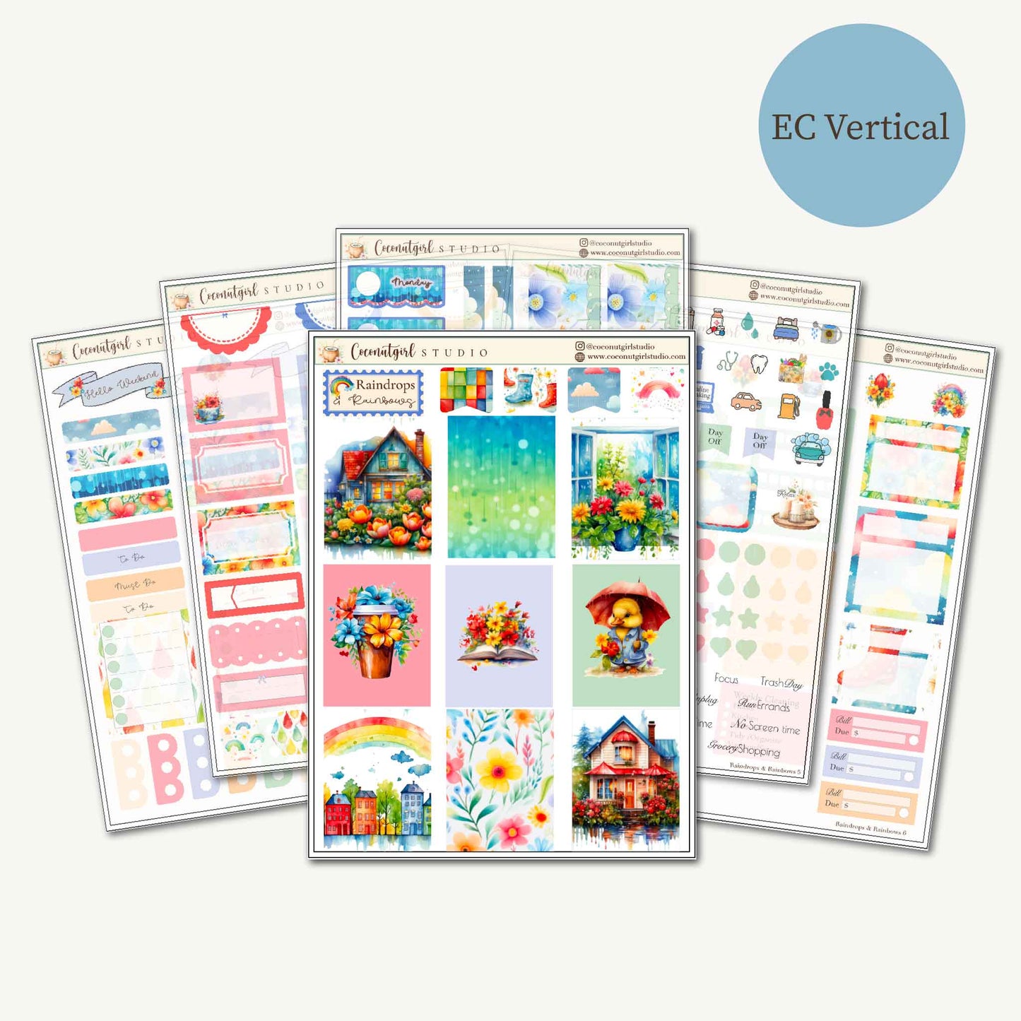 Raindrops & Rainbows Planner Sticker Kit | Watercolor Stickers