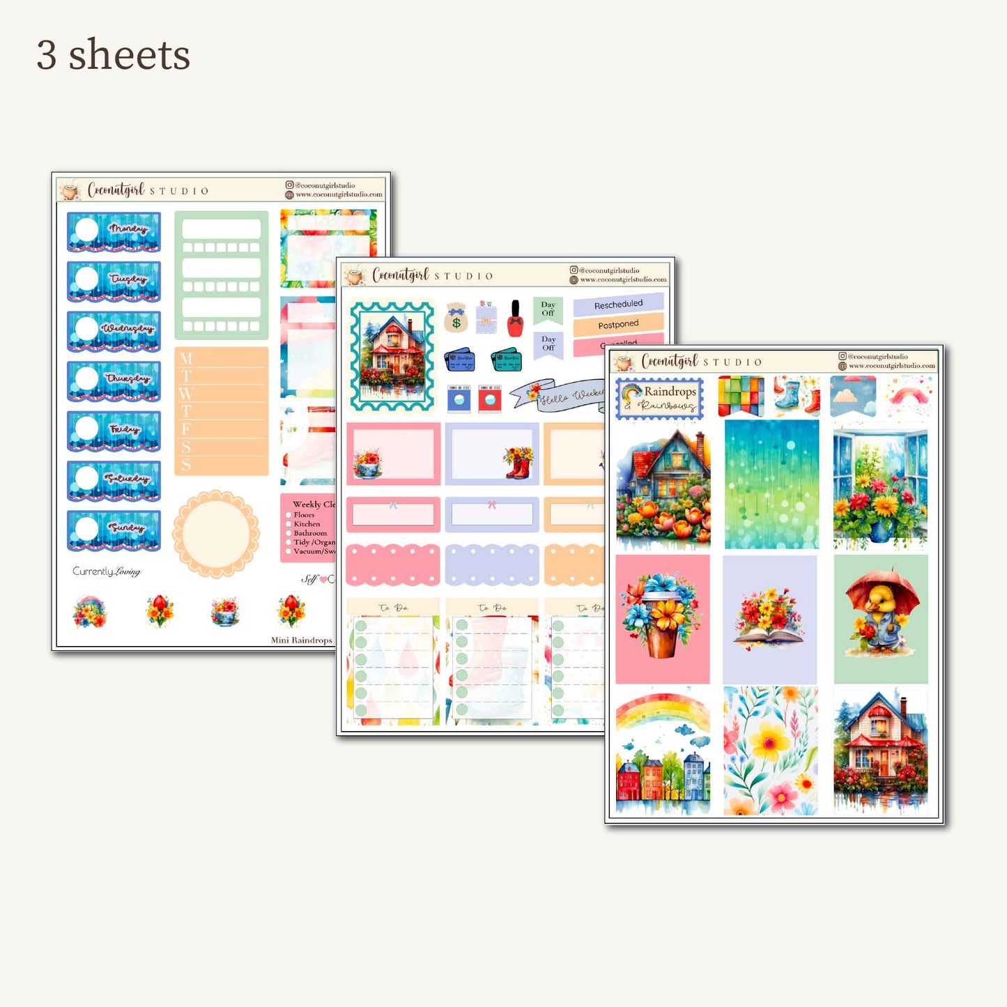 Raindrops & Rainbows Planner Sticker Kit | Watercolor Stickers