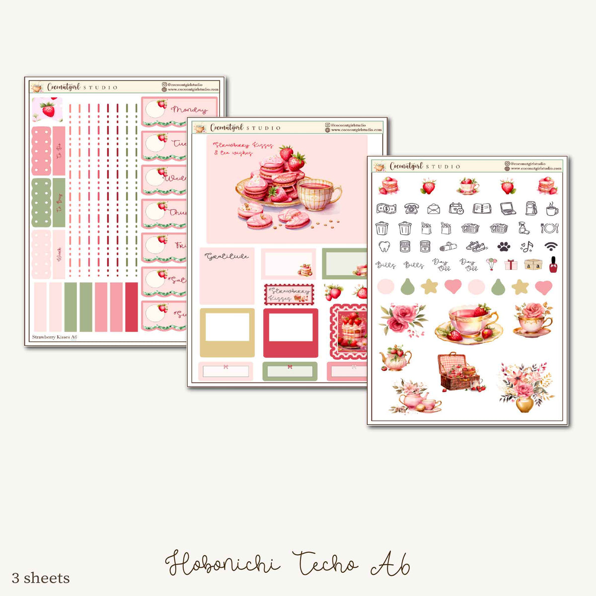 Strawberry Kisses Planner Sticker Kit | Hobonichi A6 Techo Original