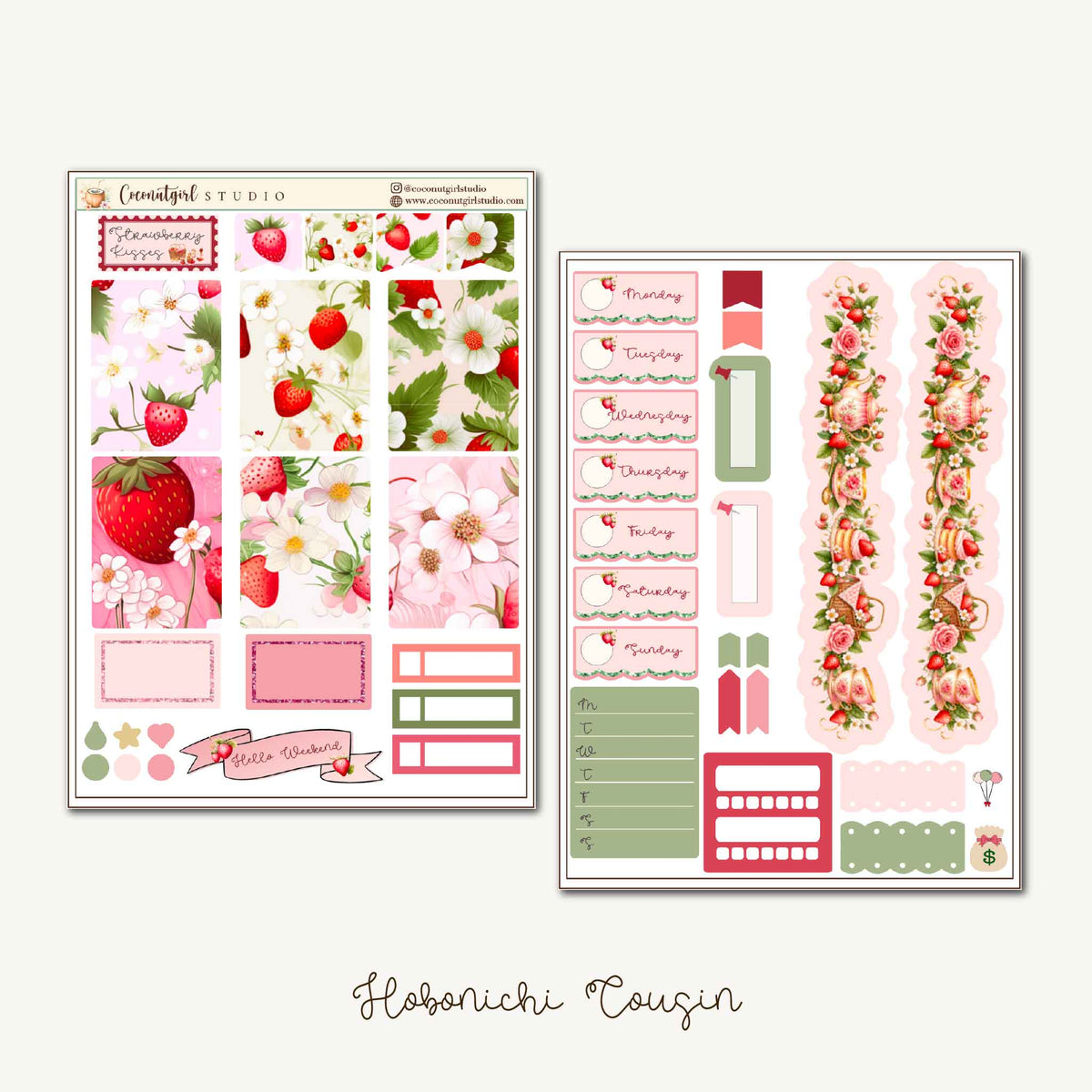 Plan something sweet with the Strawberry Kisses sticker kit, featuring strawberries and pink florals for Hobonichi Cousin