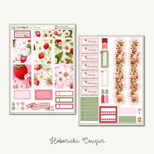 Strawberry Kisses sticker kit, featuring strawberries and pink florals for Hobonichi Cousin