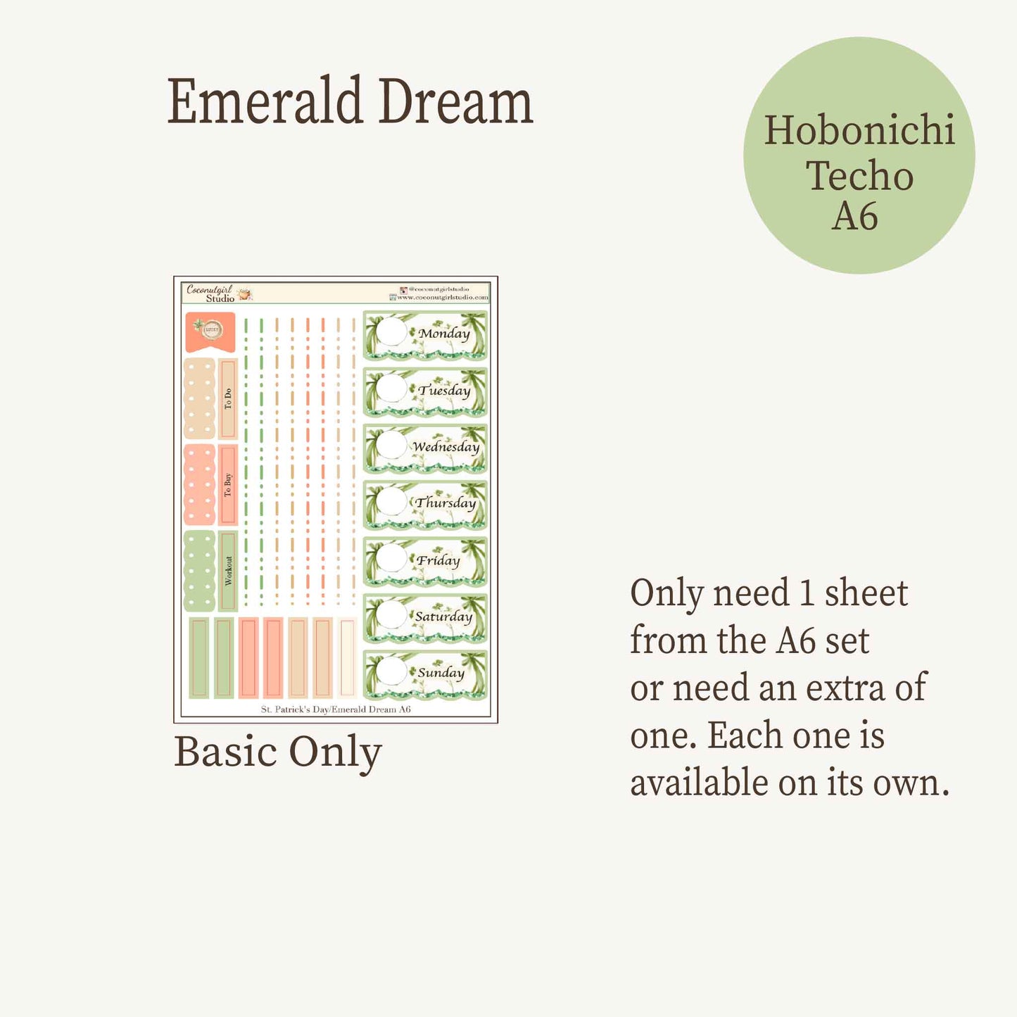 Emerald Dreams  St Patricks Day Weekly Planner Sticker Kit - 6 Sheets - Vintage Garden & Sage Green Aesthetic