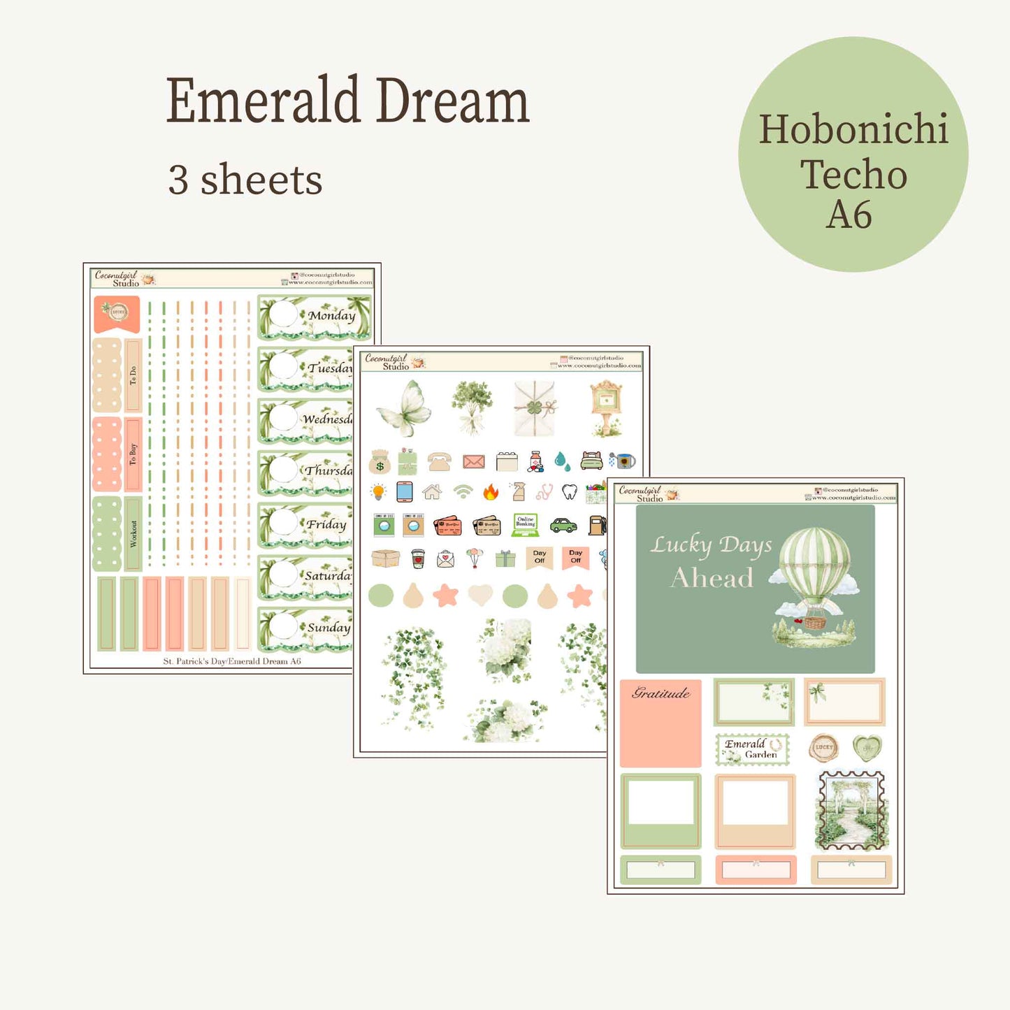 Emerald Dreams  St Patricks Day Weekly Planner Sticker Kit - 6 Sheets - Vintage Garden & Sage Green Aesthetic
