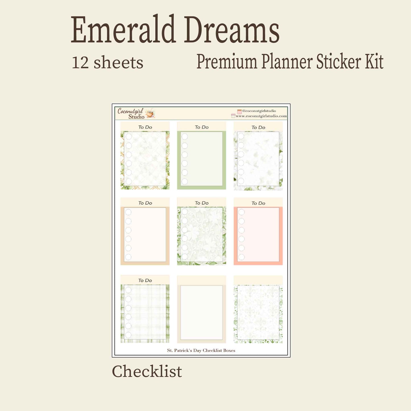 St. Patrick's Day Emerald Dreams Premium Planner Sticker Kit - 12 Sheets - Vintage Green & Botanical Aesthetic