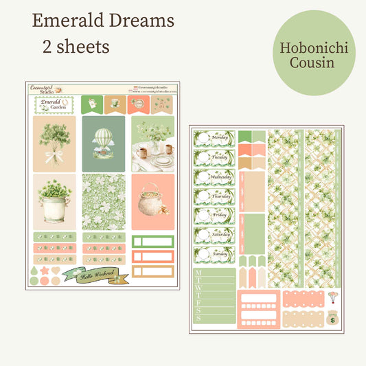 Emerald Dreams St Patricks Day Weekly Planner Sticker Kit - Vintage Garden & Sage Green Aesthetic Hobonichi Cousin