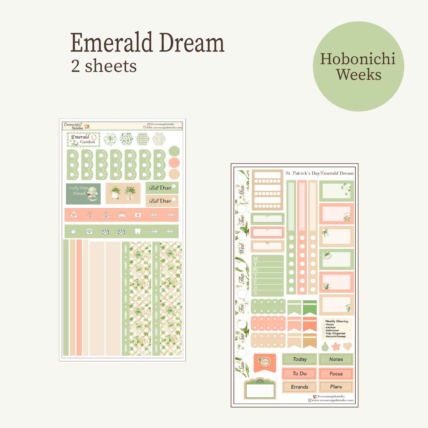 Emerald Dreams  St Patricks Day Weekly Planner Sticker Kit - 6 Sheets - Vintage Garden & Sage Green Aesthetic
