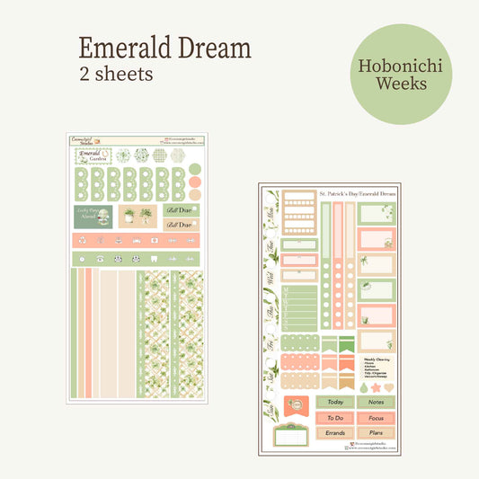 Emerald Dreams St Patricks Day Weekly Planner Sticker Kit - Vintage Garden & Sage Green Aesthetic Hobonichi Weeks