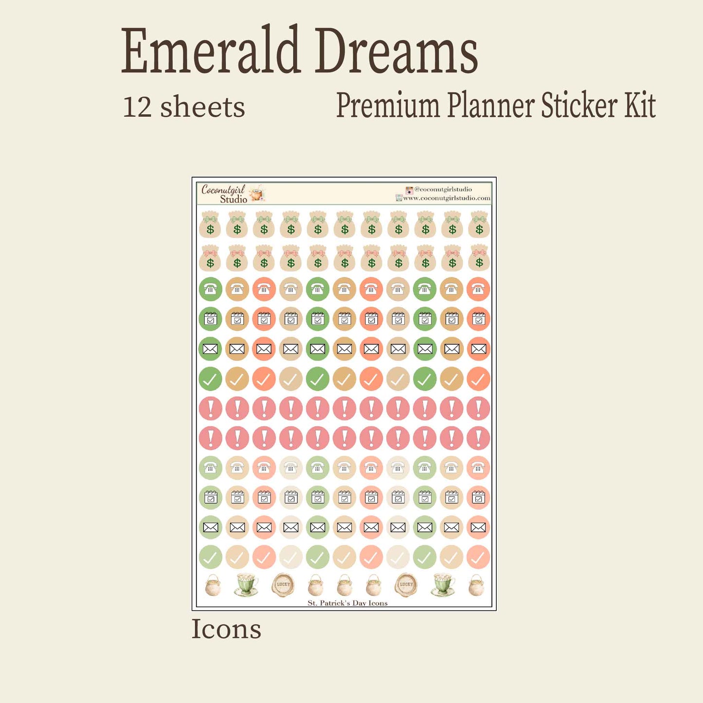 St. Patrick's Day Emerald Dreams Premium Planner Sticker Kit - 12 Sheets - Vintage Green & Botanical Aesthetic