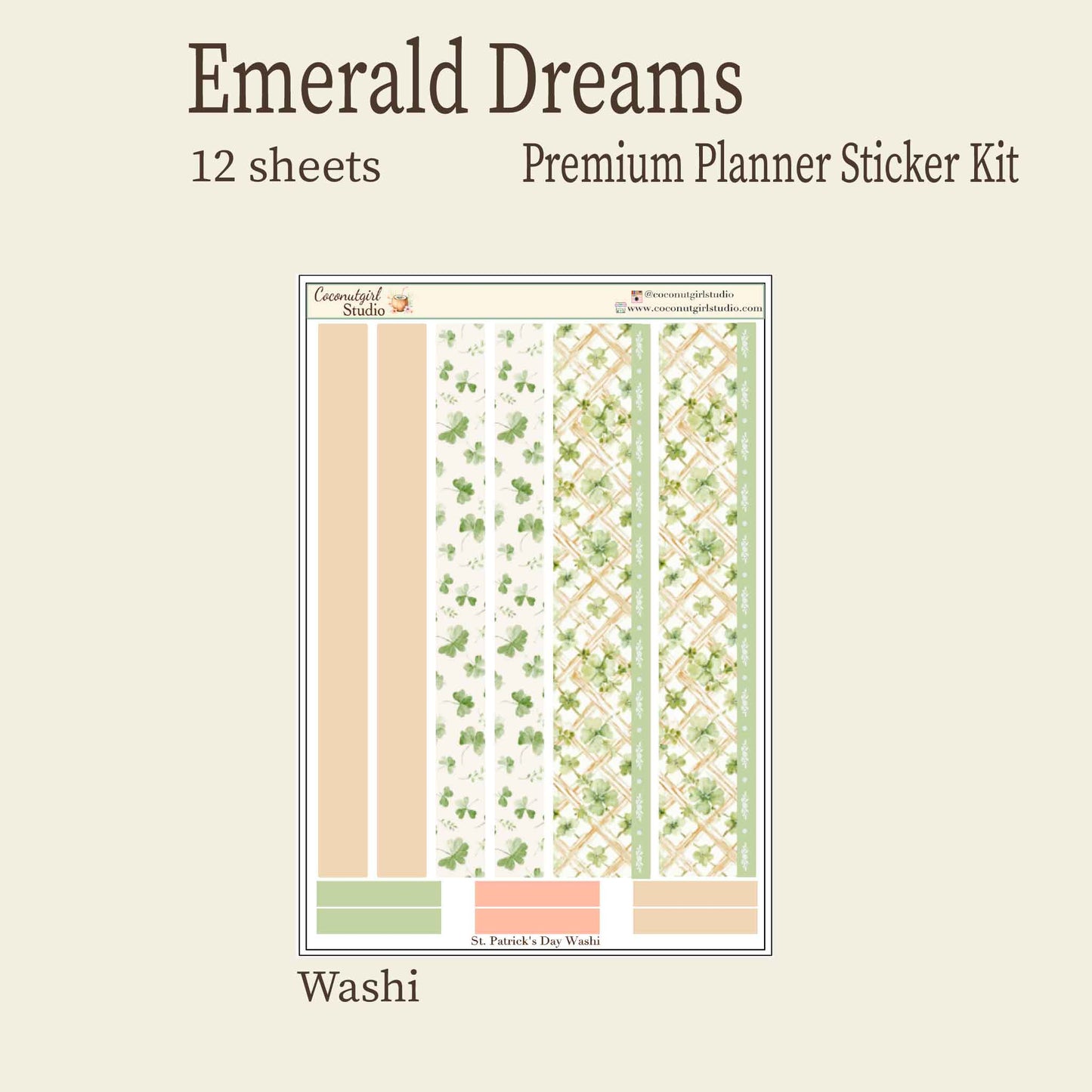 St. Patrick's Day Emerald Dreams Premium Planner Sticker Kit - 12 Sheets - Vintage Green & Botanical Aesthetic