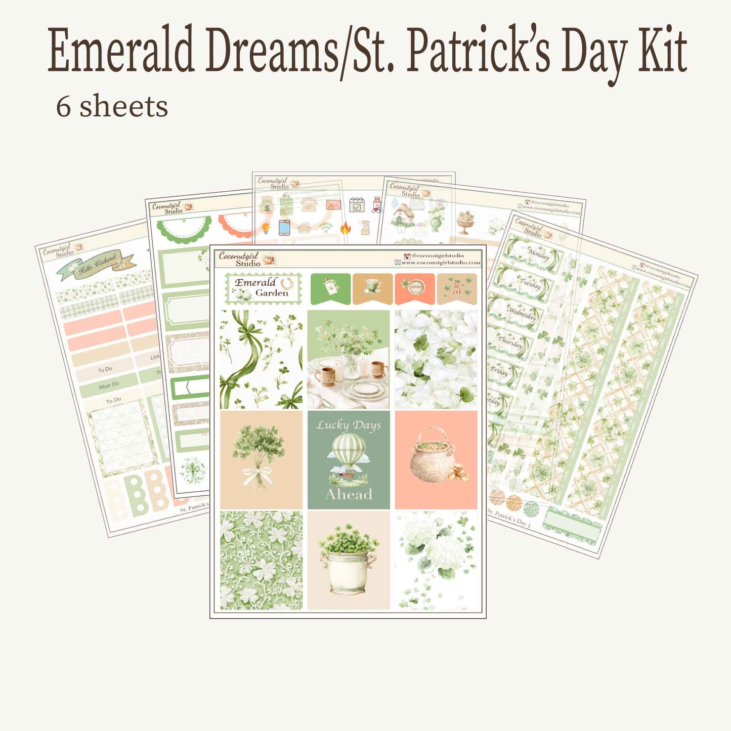 Emerald Dreams  St Patricks Day Weekly Planner Sticker Kit - 6 Sheets - Vintage Garden & Sage Green Aesthetic