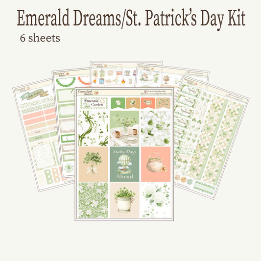 Emerald Dreams  St Patricks Day Weekly Planner Sticker Kit - 6 Sheets - Vintage Garden & Sage Green Aesthetic