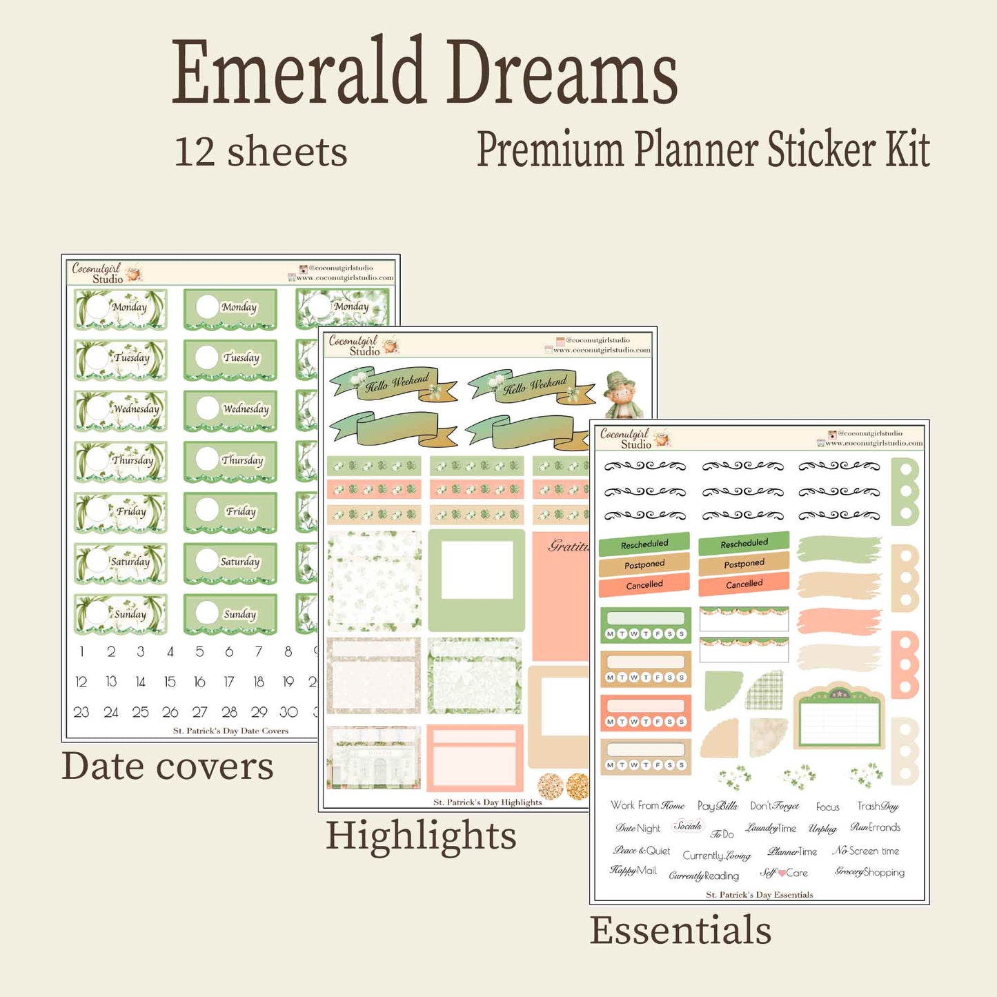 St. Patrick's Day Emerald Dreams Premium Planner Sticker Kit - 12 Sheets - Vintage Green & Botanical Aesthetic