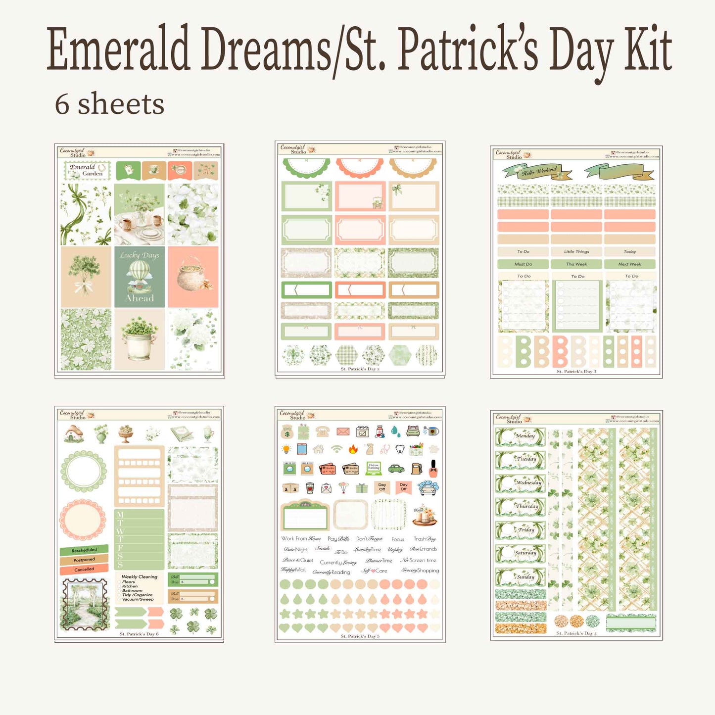 Emerald Dreams  St Patricks Day Weekly Planner Sticker Kit - 6 Sheets - Vintage Garden & Sage Green Aesthetic